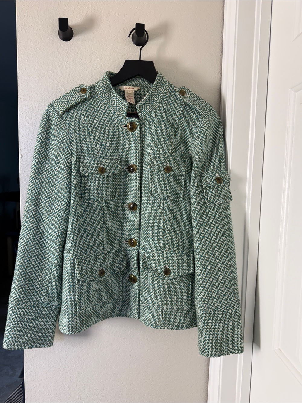 Sundance Military-Style Geometric Tweed Wool Blend Blazer Jacket